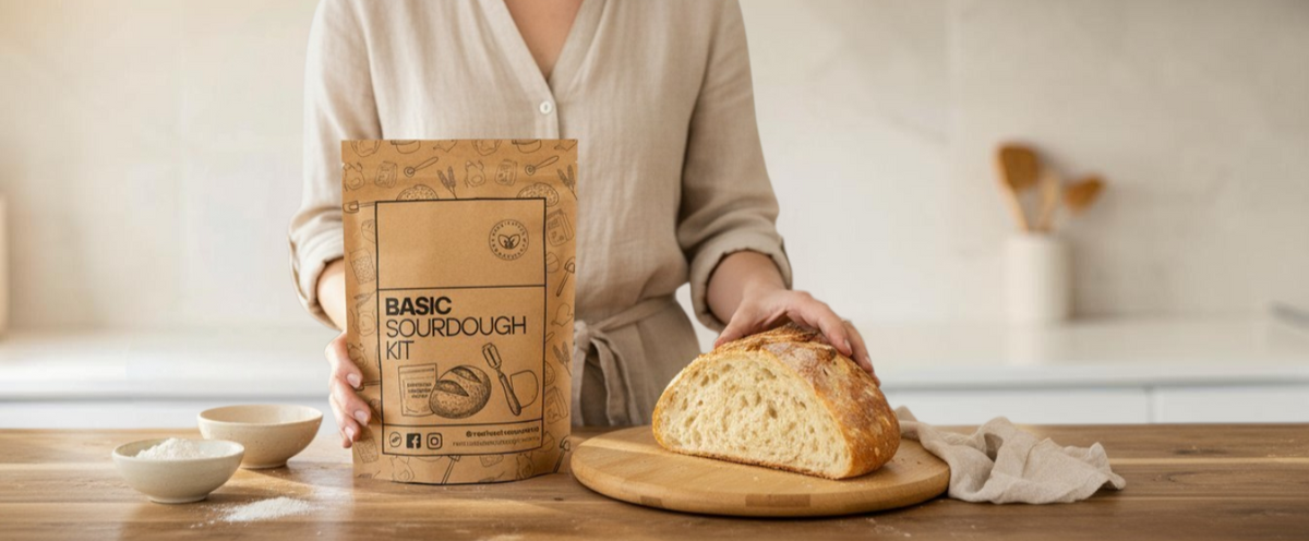 A person holding the Basic Sourdough Kit next to a freshly baked loaf of bread in a kitchen