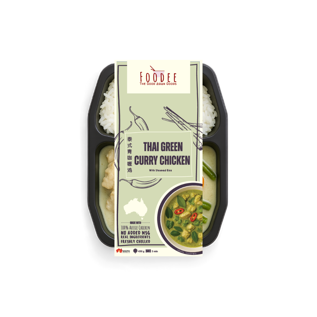 Packaged Thai Green Curry Chicken meal from foodee on a white background