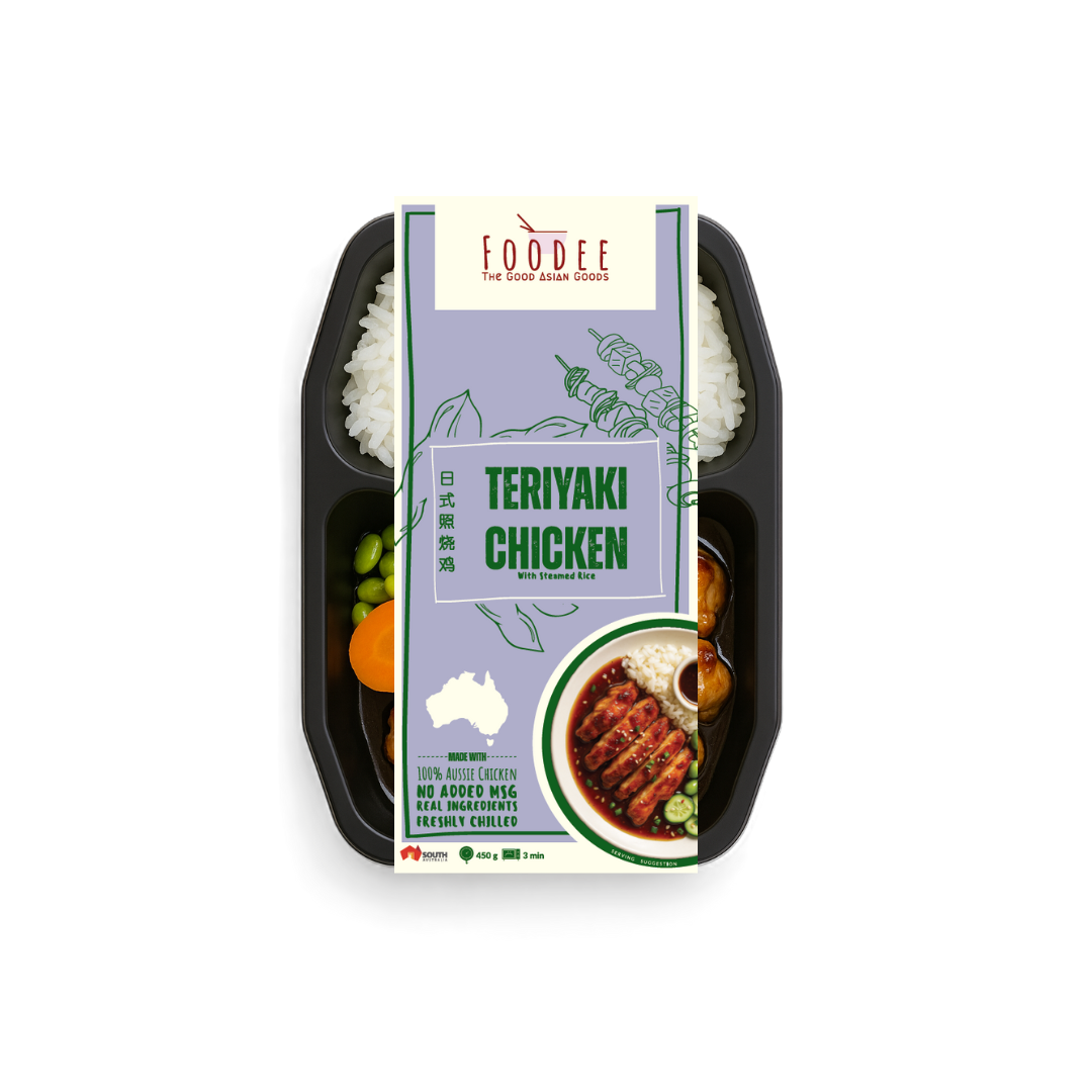Packaged teriyaki chicken meal with Foodee branding on a white background
