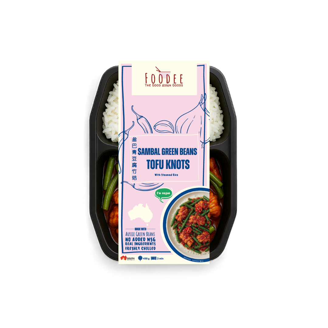 Packaged meal with a visible label on a white background