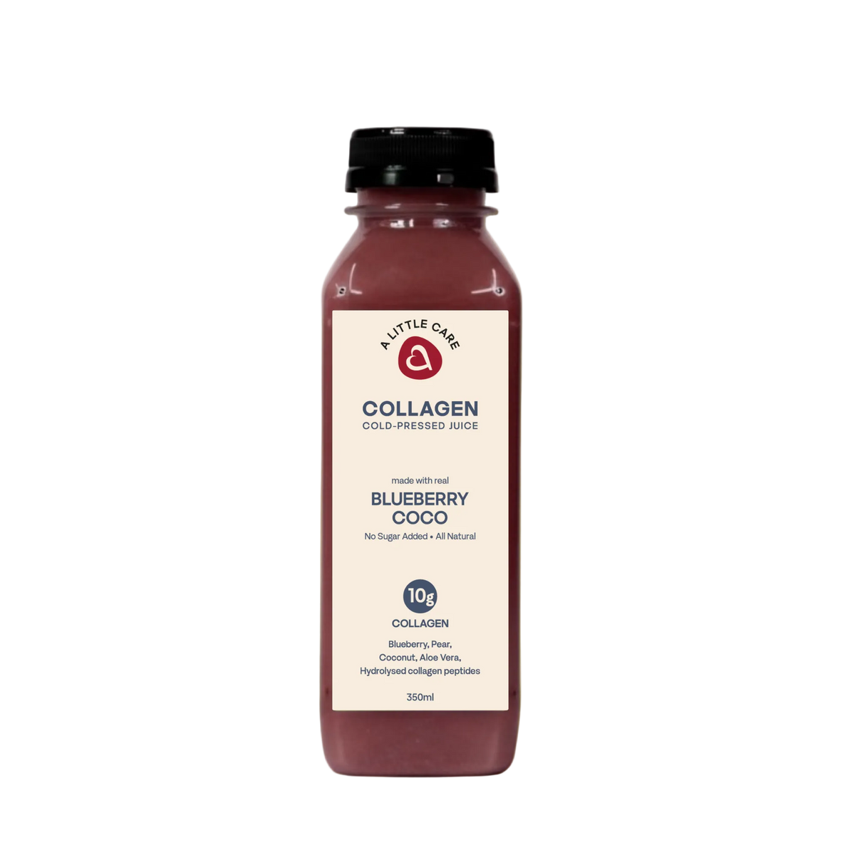 A 350ml bottle of A Little Care's Blueberry Coco Collagen cold pressed juice