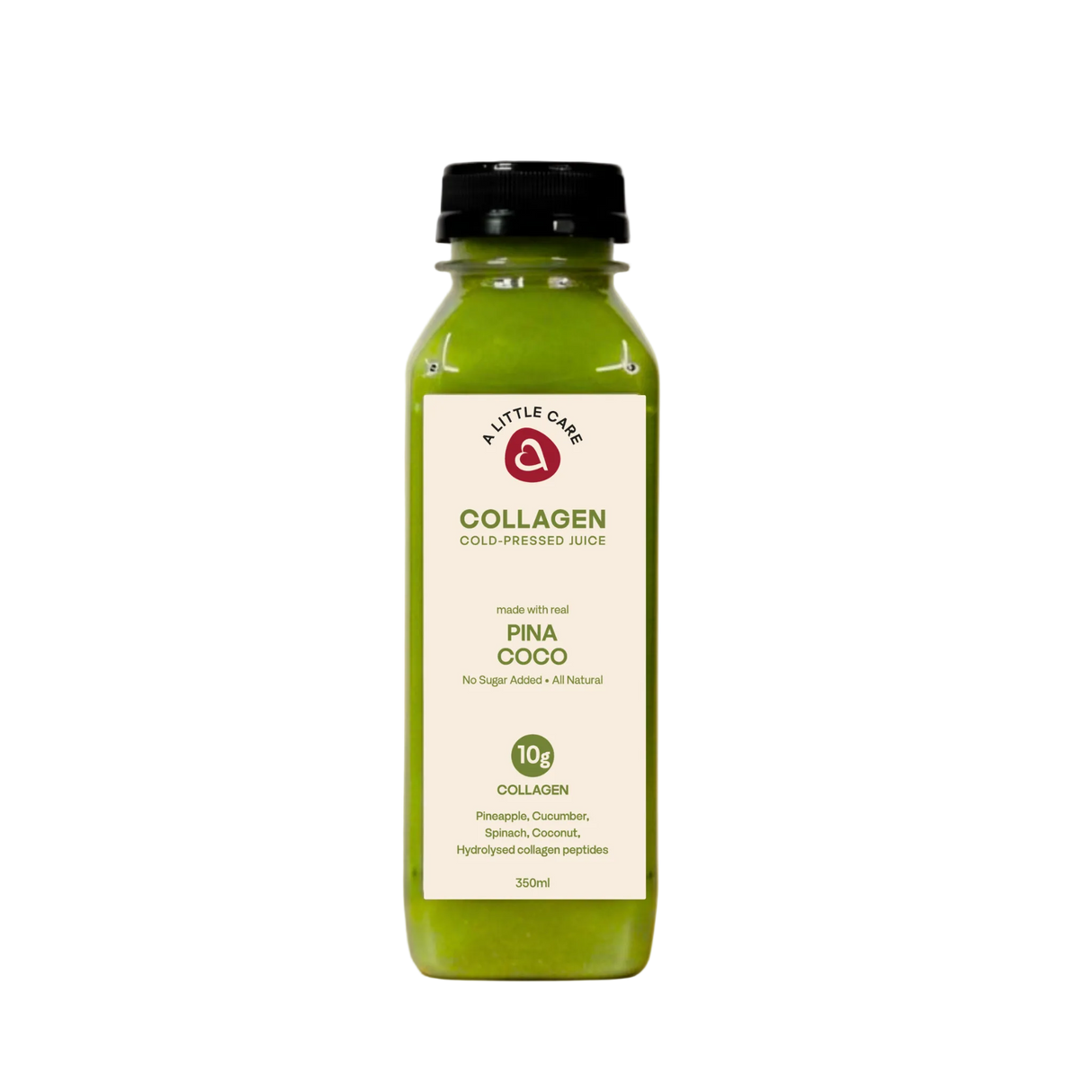 A 350ml bottle of A Little Care's Pina Coco Collagen cold pressed juice