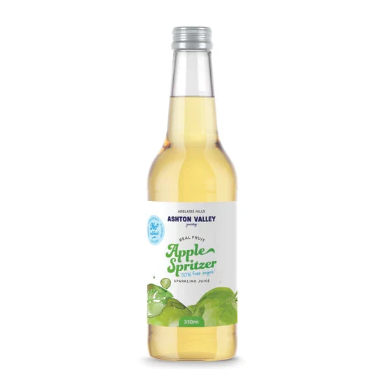 A 330ml glass bottle of Ashton Valley Juicery apple spritzer sparkling juice