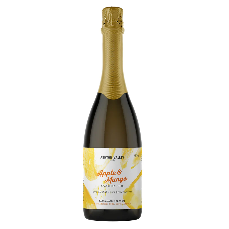 A glass bottle of Ashton Valley Juicery sparkling apple and mango juice 750ml