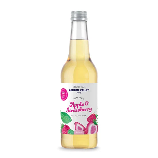 A 330ml glass bottle of Ashton Valley Juicery sparkling apple and strawberry juice