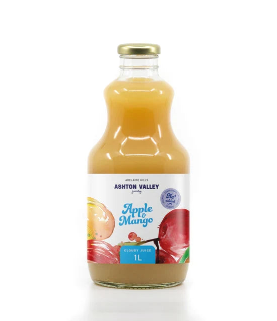 A 1l glass of Ashton Valley Juicery still cloudy apple and mango juice