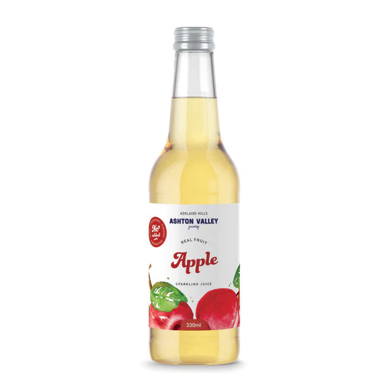 Bottle of Ashton Valley Apple sparkling juice on a white background