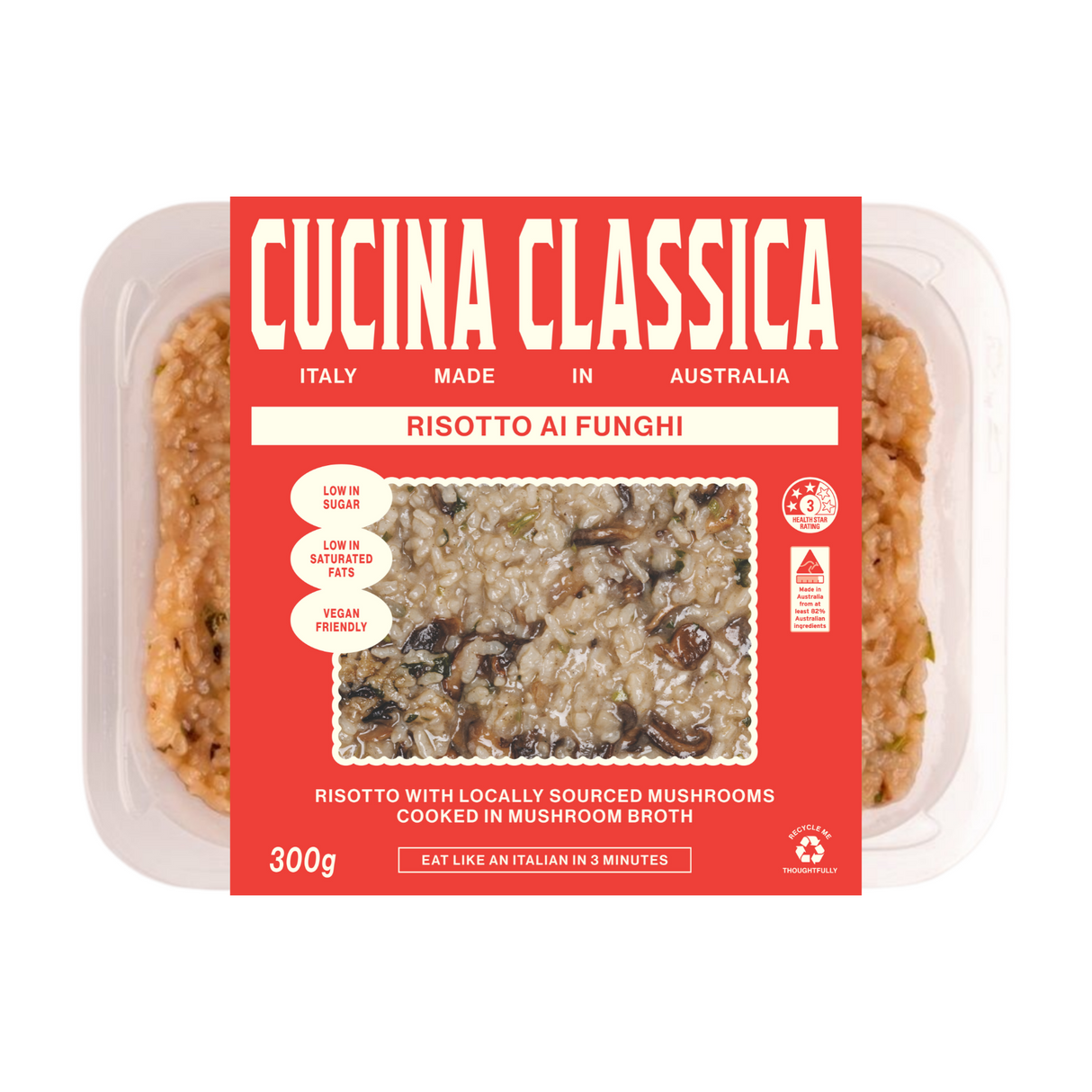 Packaged Cucina Classica risotto with mushroom flavor on a white background