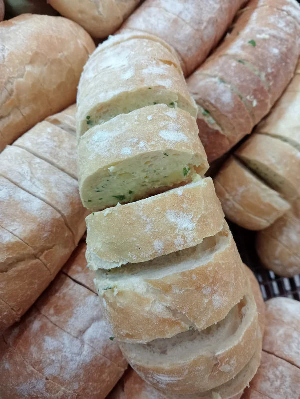 A 330g serve of din-a-dun Ciabatta Garlic Bread