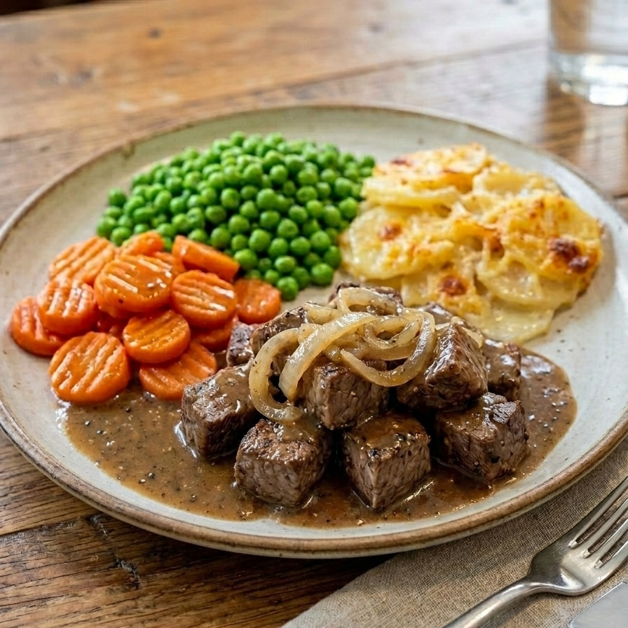 A 460g serve of Dinner King Braised Steak and Onions