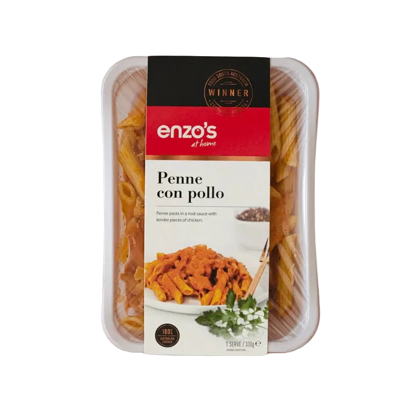 A 330g pack of Enzo's Penne Con Pollo pasta