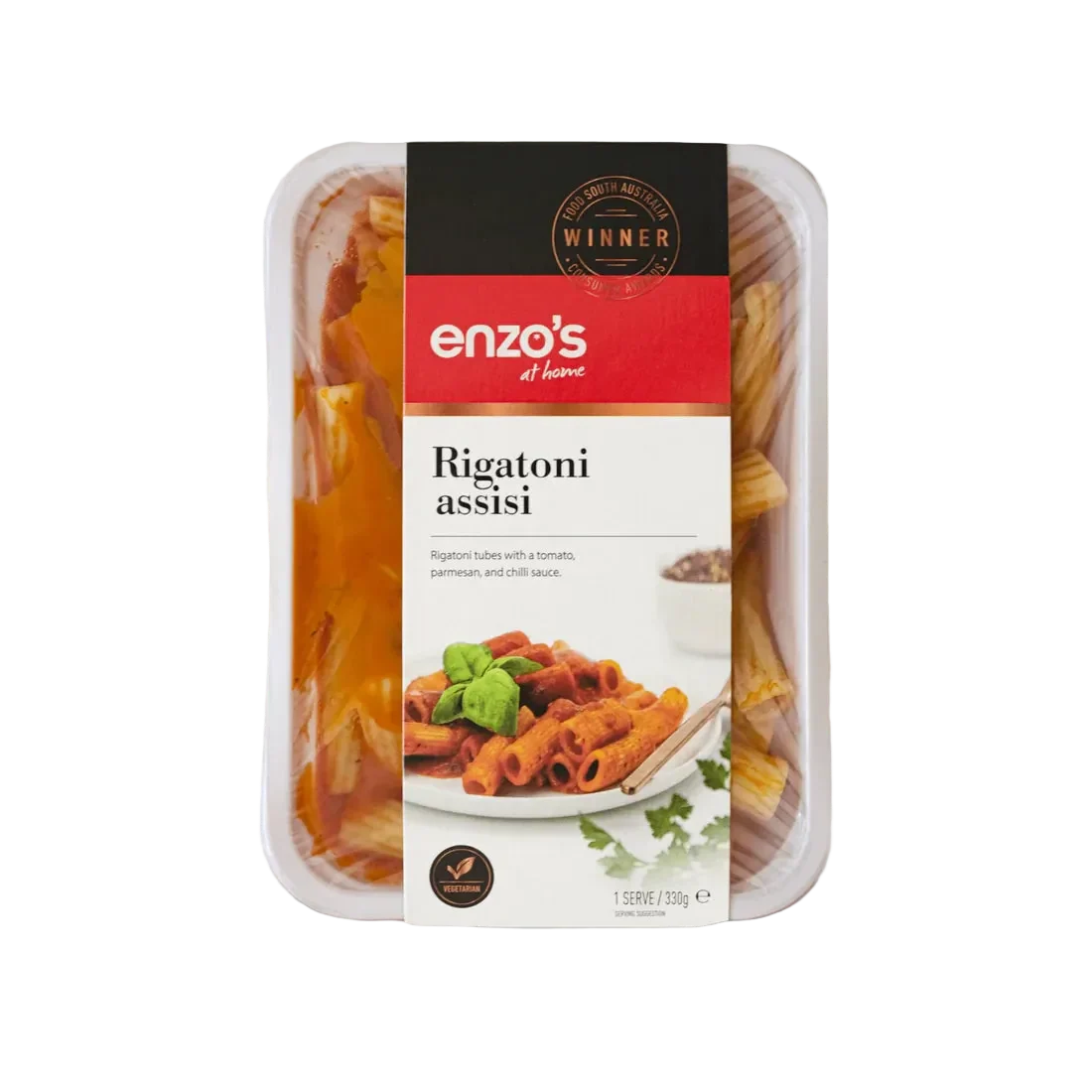 A 330g pack of Enzo's Rigatoni Assisi pasta