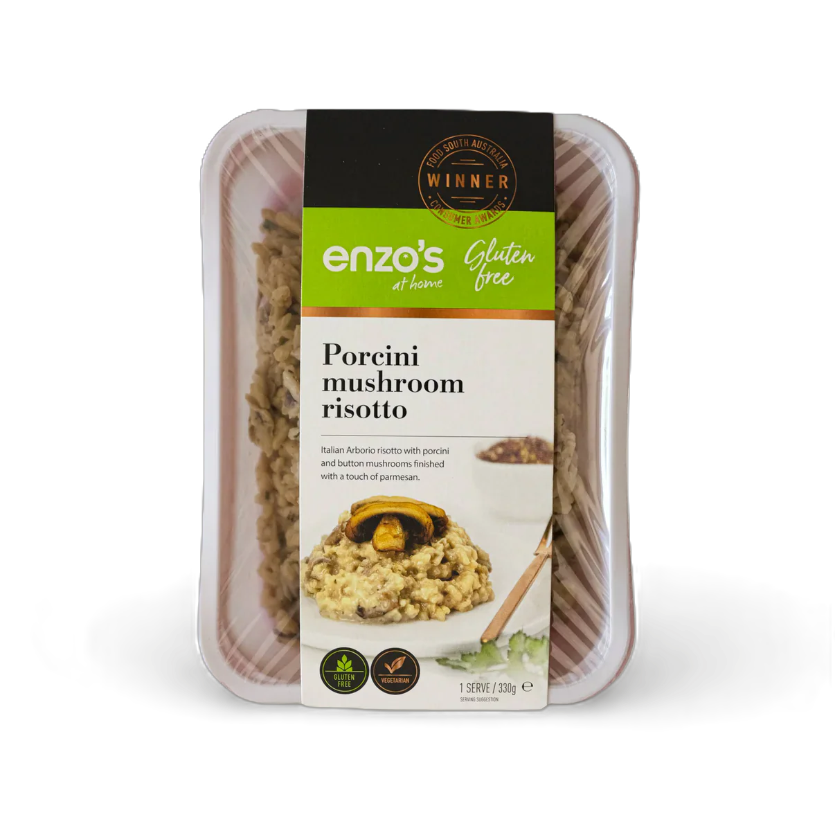 Packaged Porcini mushroom risotto with Enzo's branding on a white background
