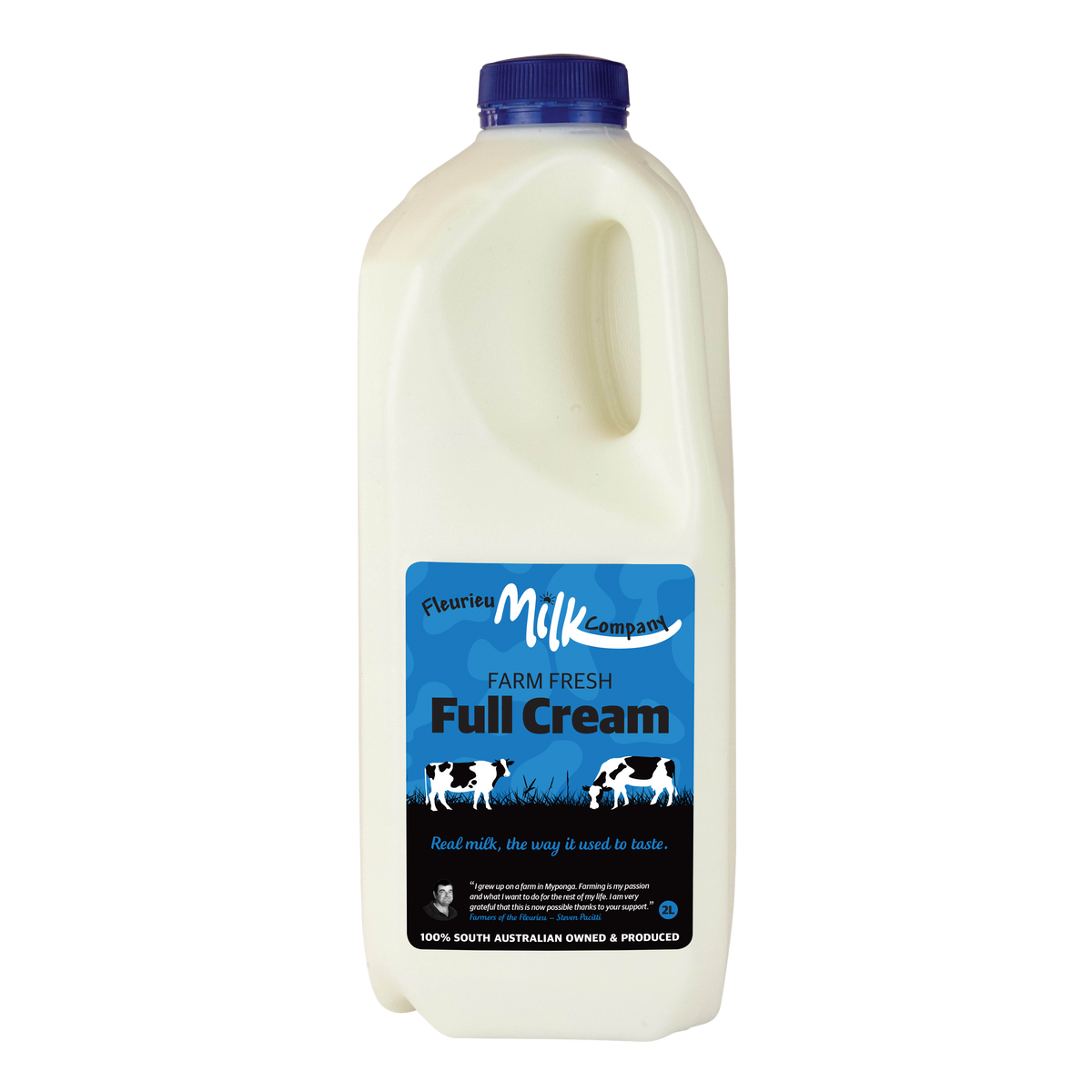 Full cream milk bottle with blue label on a white background