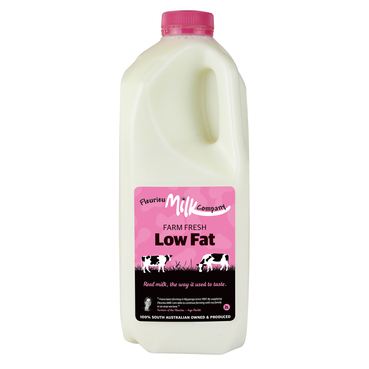 Fleuries Milk Company low fat milk bottle with pink cap on a white background