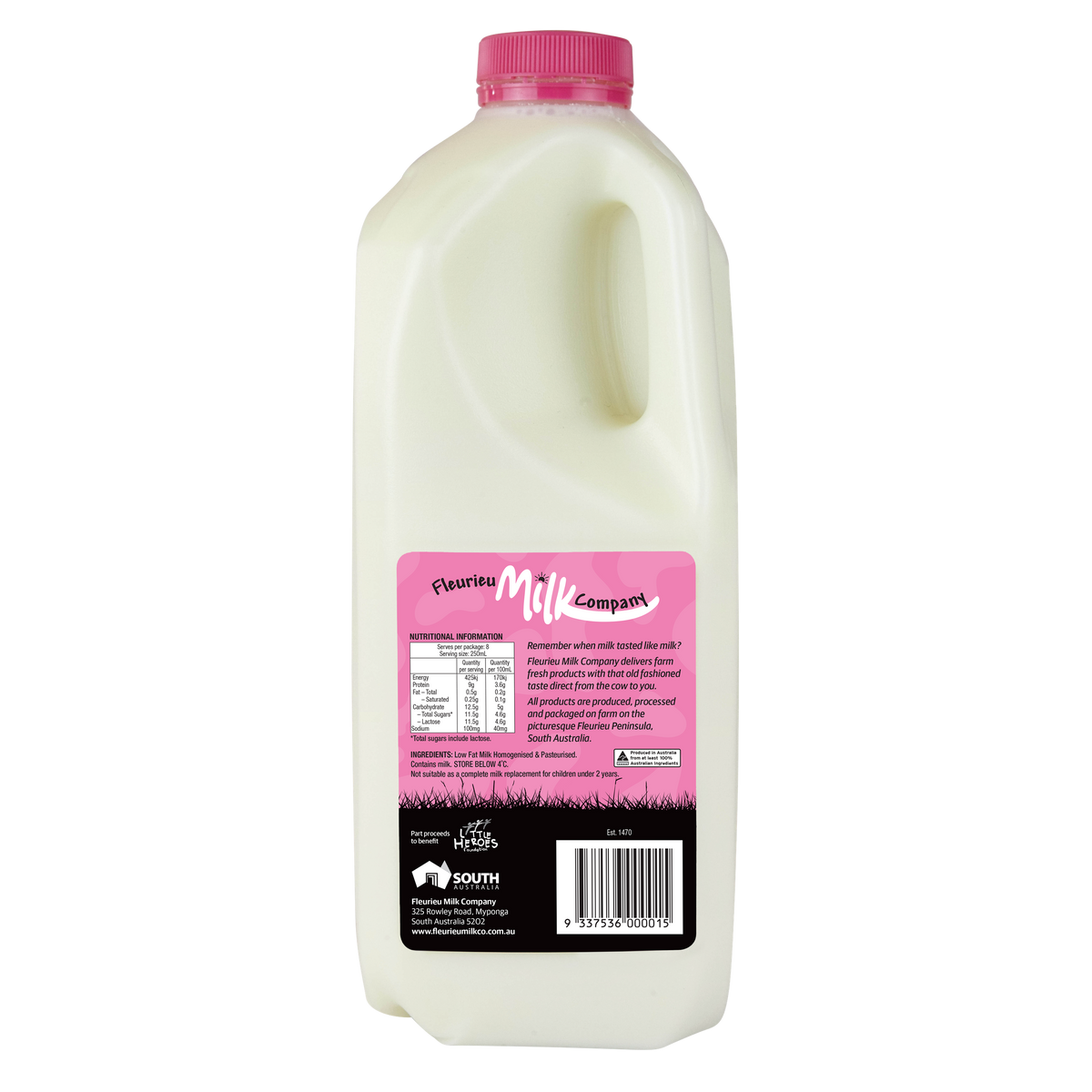Bottle of milk with a pink cap and label on a white background