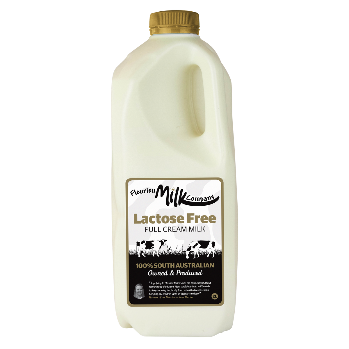 Lactose-free milk container with a gold lid on a white background