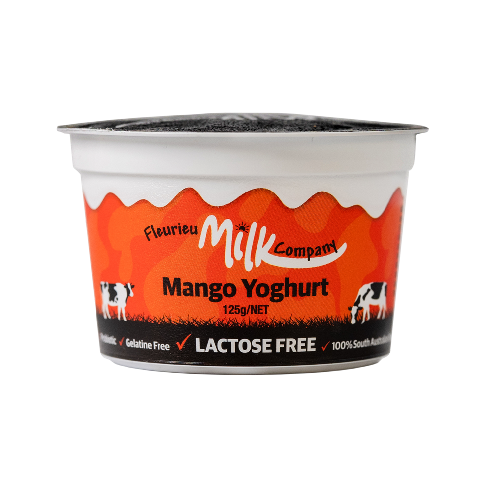 Fleurieu Milk Company mango yoghurt container on a white background