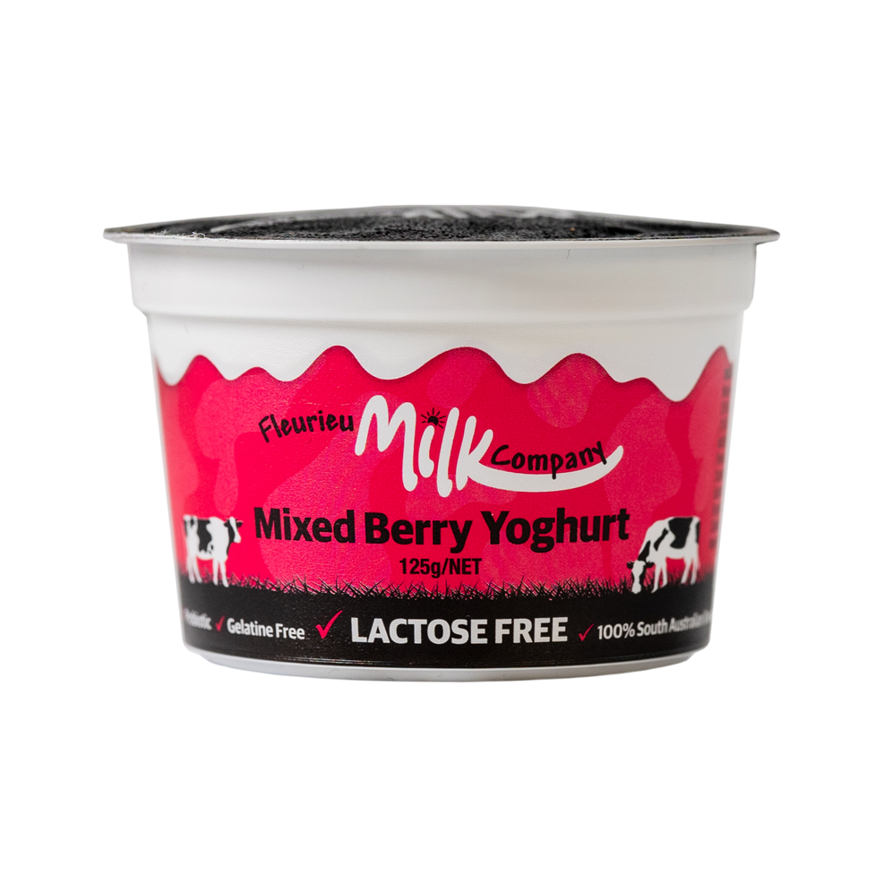 Yoghurt container with pink label featuring 'Flourieu Milk Company' on a white background