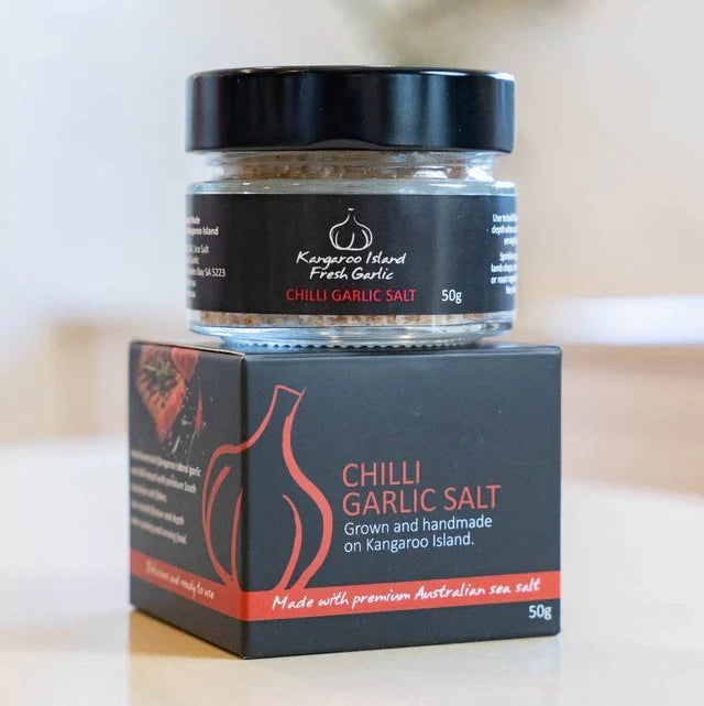 A 50g jar of Kangaroo Island Olives Chilli Garlic Salt