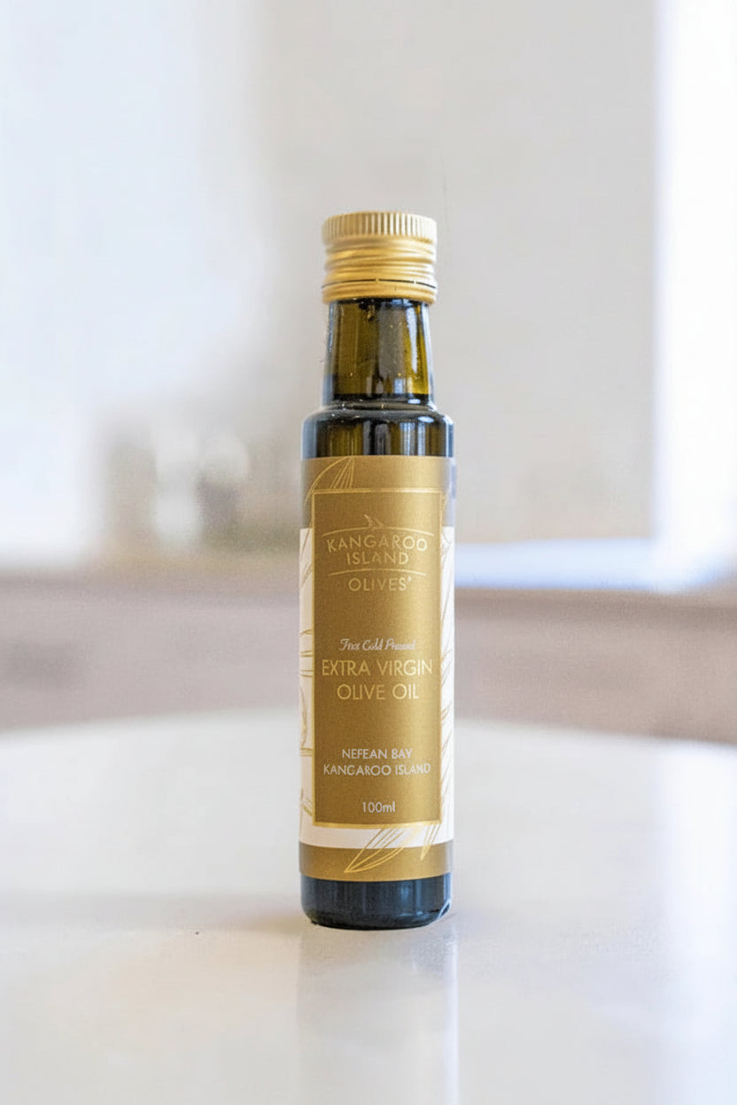 A 100ml glass bottle of Kangaroo Island Olives Extra Virgin Olive Oil