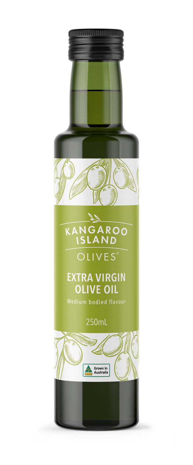 A 250ml glass bottle of Kangaroo Island Olives Extra Virgin Olive Oil