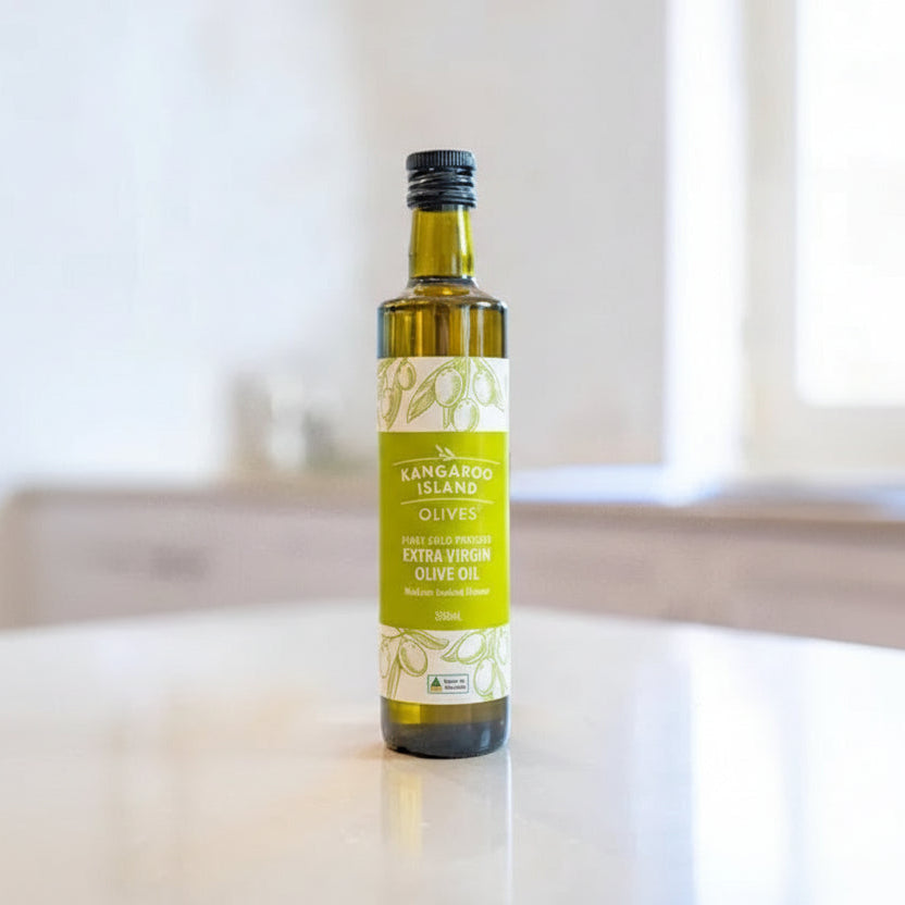 A 500ml glass bottle of Kangaroo Island Olives Extra Virgin Olive Oil