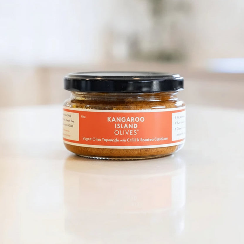 A 200g jar of Kangaroo Island Olives Olive Tapenade with Chilli and Capsicum