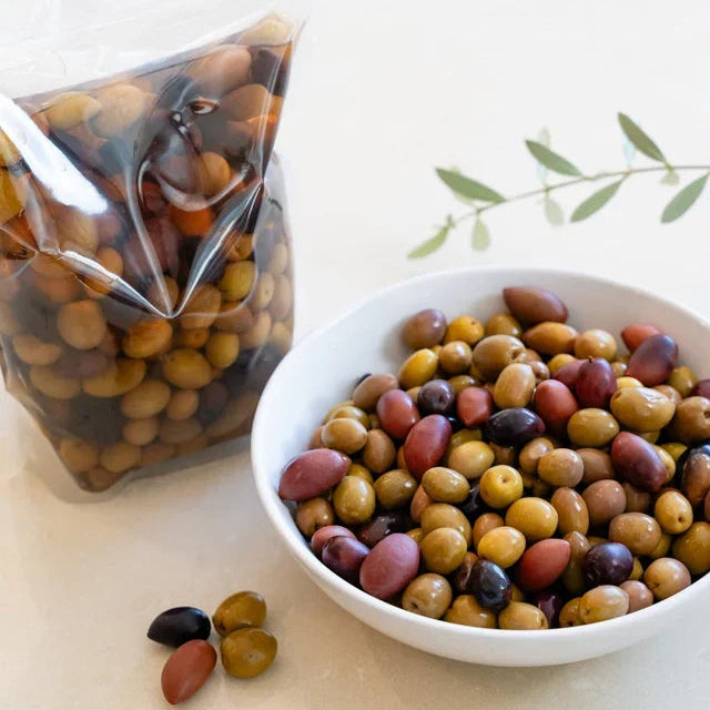 A 1kg bag of Kangaroo Island Olives Whole Mixed Mediterranean Olives