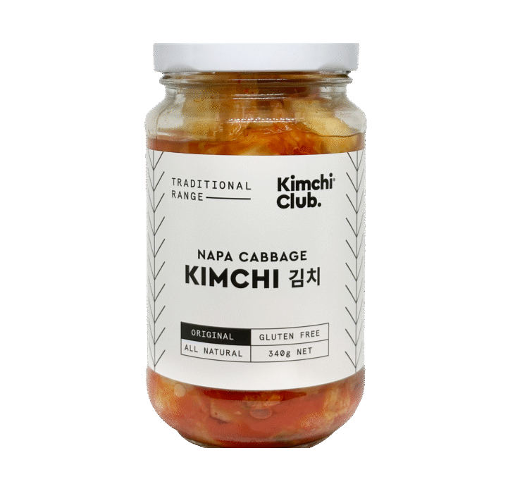 Kimchi Club Traditional Napa Cabbage Kimchi in a 340g glass jar with a white label.