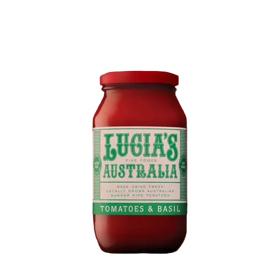 A 500g glass jar of Lucia's Fine Foods Tomatoes and Basil sauce