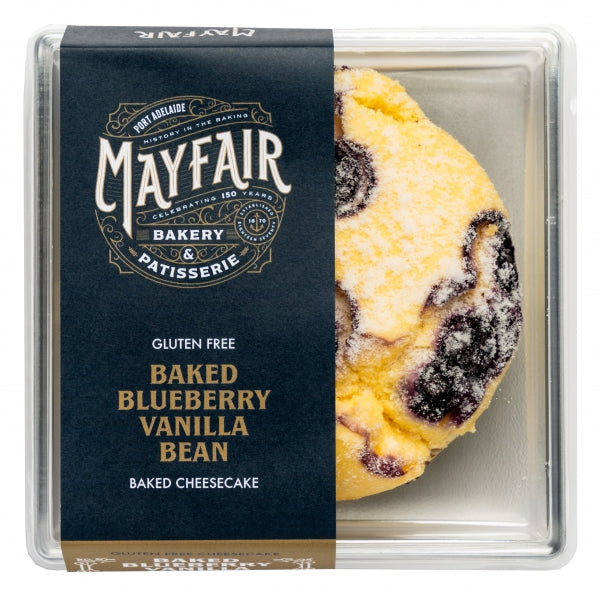 Mayfair Bakery & Patisserie baked blueberry vanilla bean cheesecake packaging.
