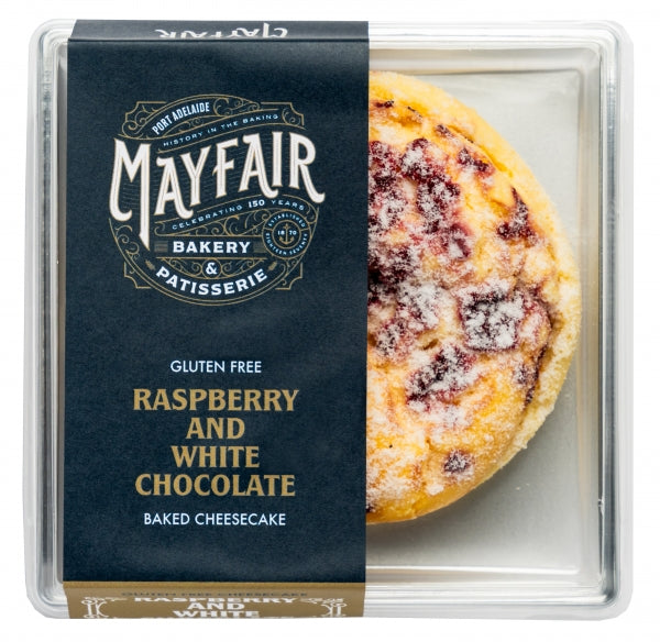 Mayfair Bakery & Patisserie raspberry and white chocolate baked cheesecake packaging.