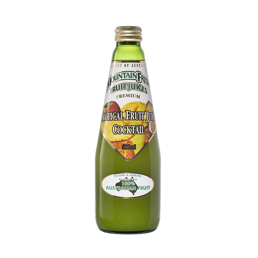 A 400ml glass bottle of Mountain Fresh Tropical Fruit Juice Cocktail