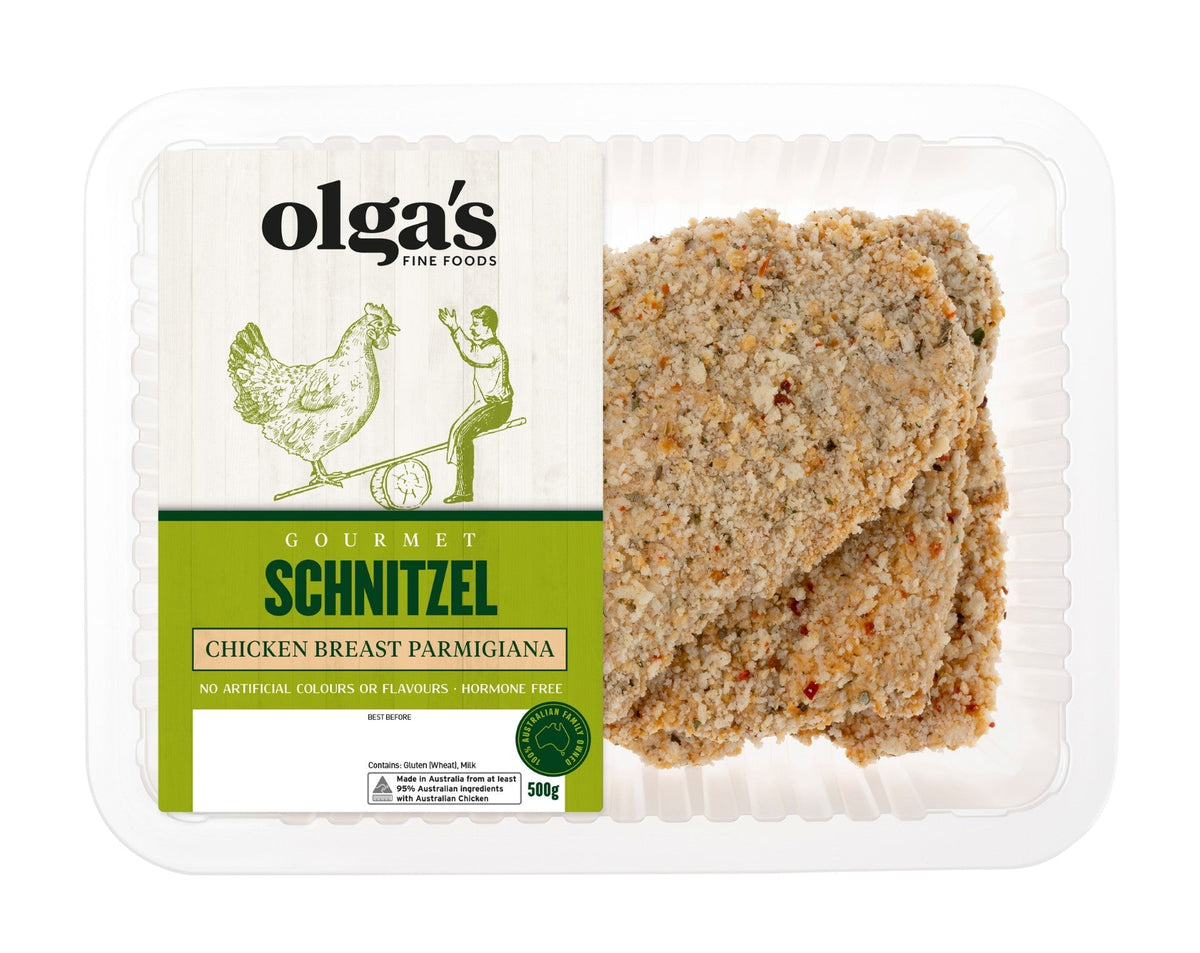 A 500g pack of Olga's Fine Foods Gourmet Chicken Breast Parmigiana Schnitzel