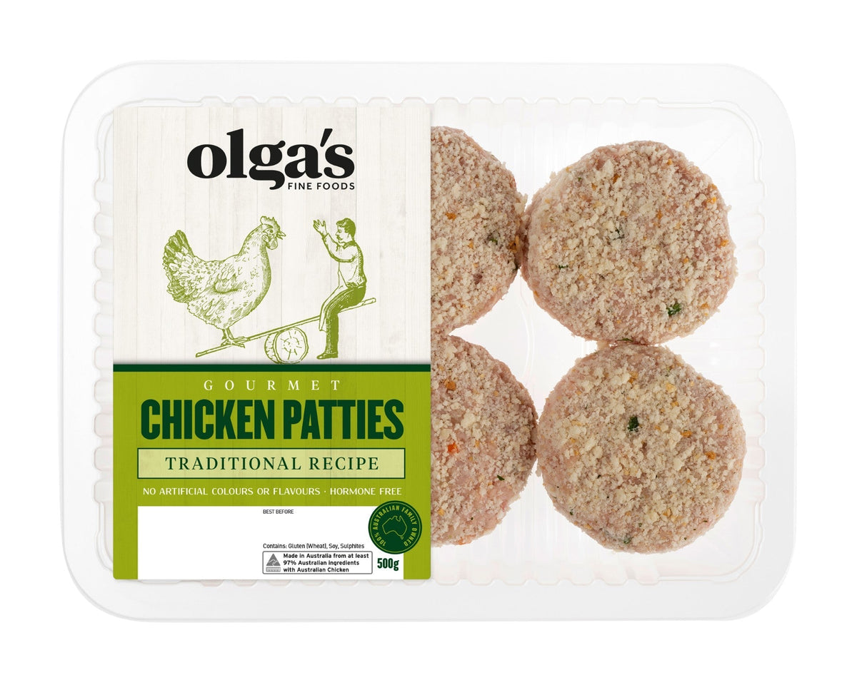 A 500g pack of Olga's Fine Foods Gourmet Chicken Patties