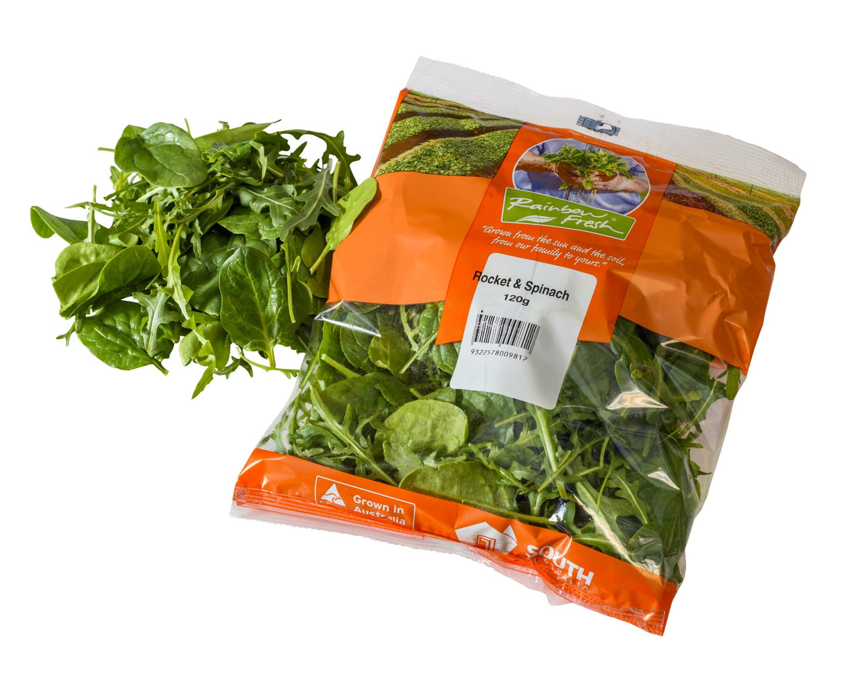 A 120g bag of Rainbow Fresh Rocket and Spinach