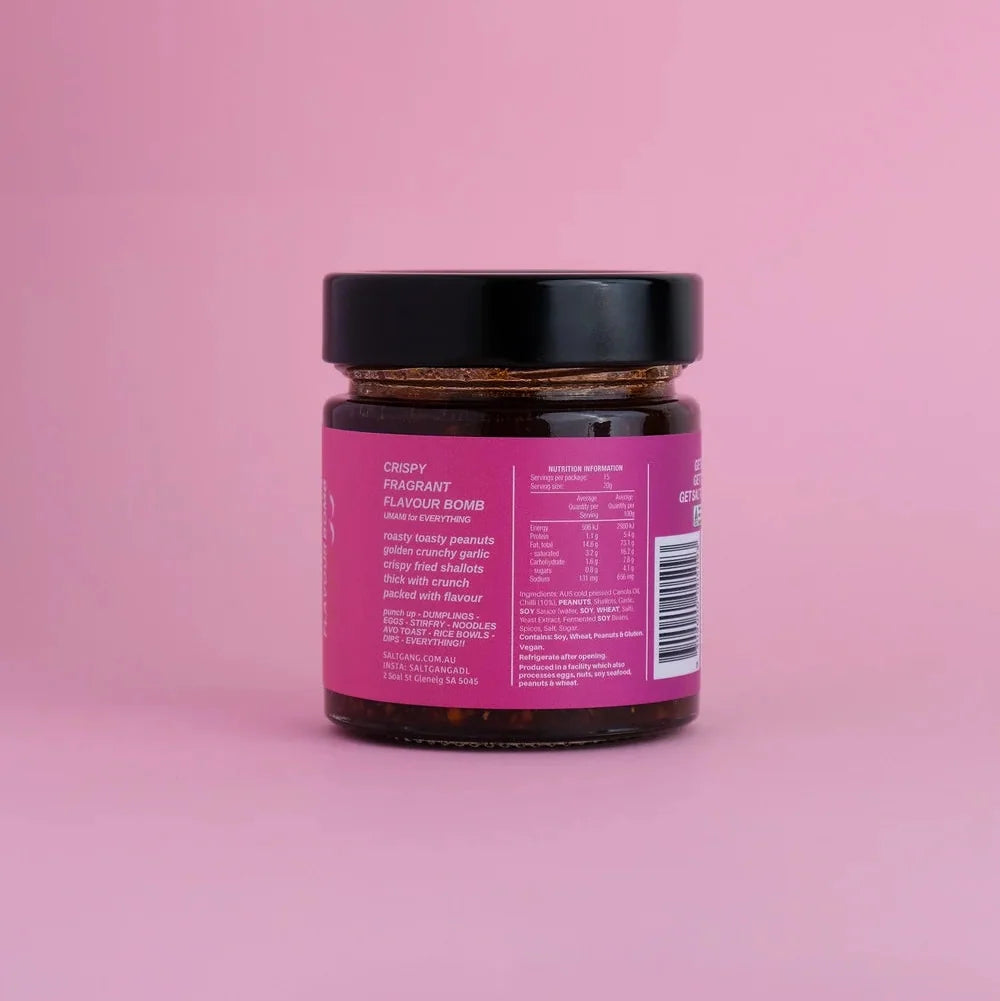 A 250g glass jar of Salt Gang No. 1 Chilli Crisp