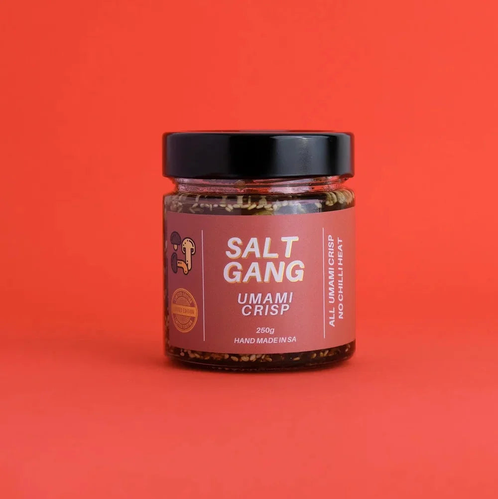 A 250g glass jar of Salt Gang Umami Crisp