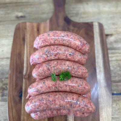 A 500g serve of The Local Meat Glenelg Country Style Beef Sausages