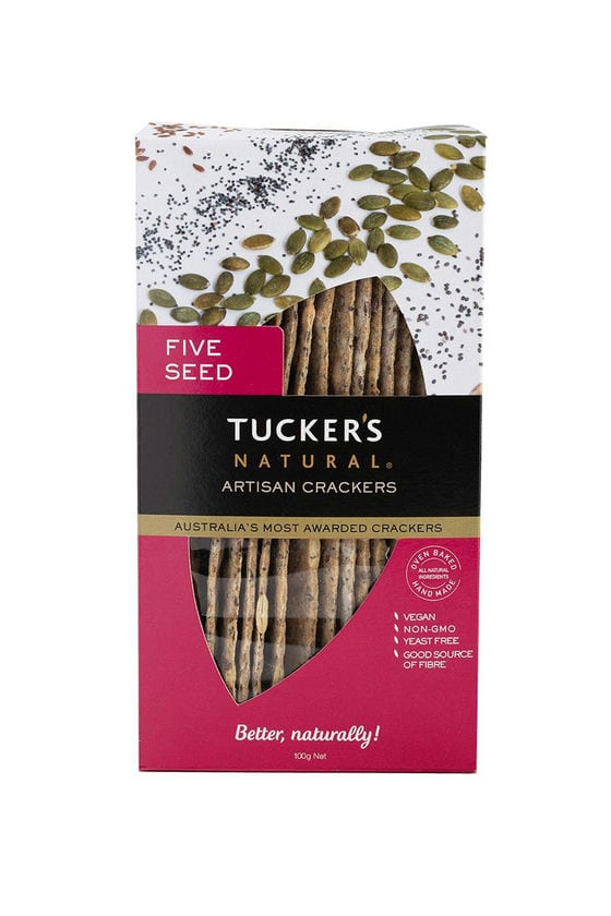 A 100g box of Tucker's Natural Five Seed Artisan Crackers