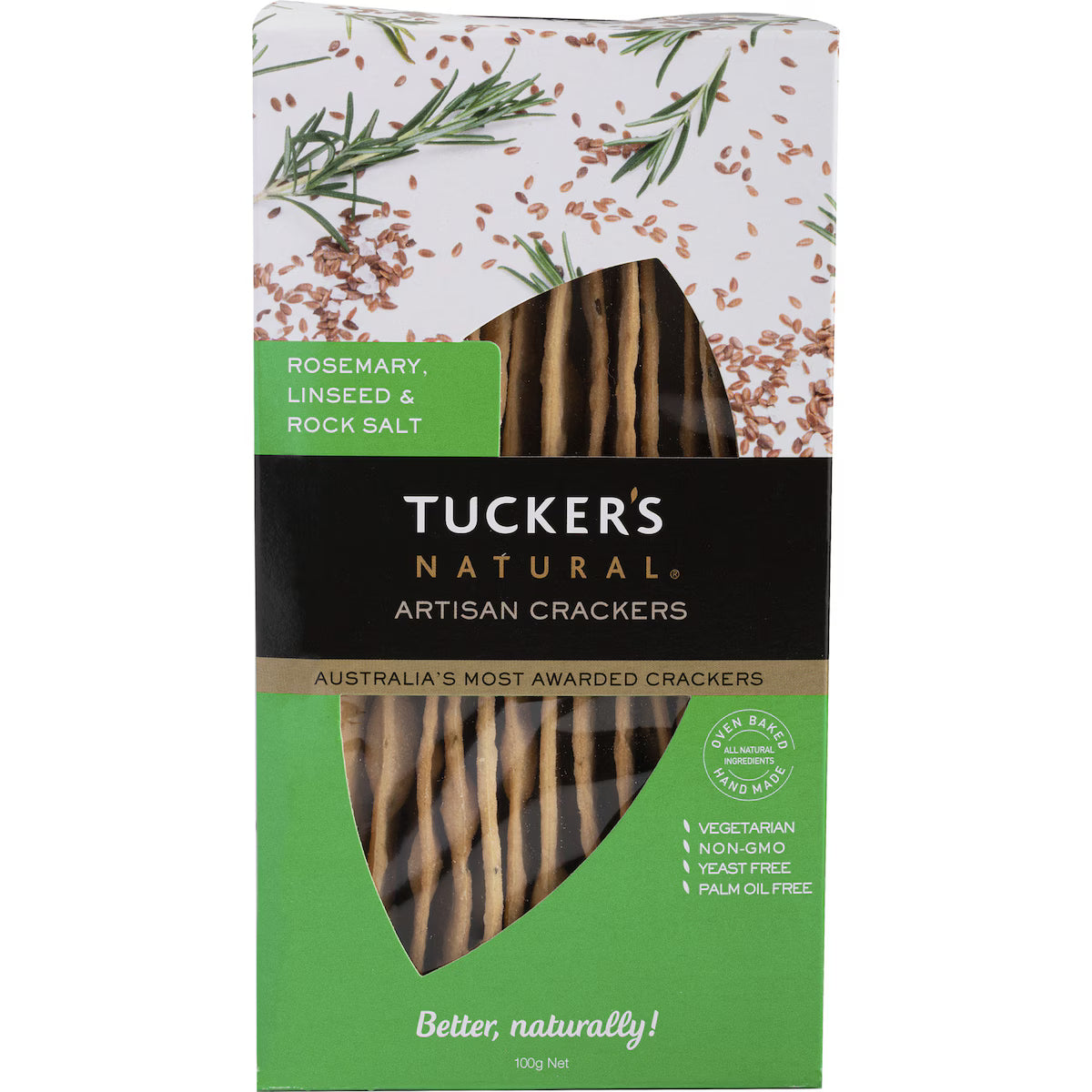 A 100g box of Tuckers Natural Rosemart, Linseed and Rock Salt Artisan Crackers