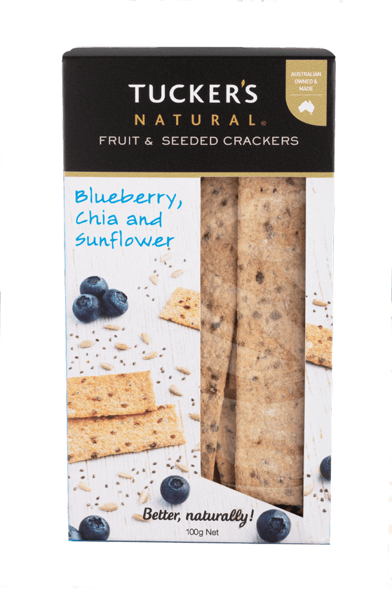 A 100g box of Tucker's Natural Blueberry, Chia and Sunflower Seed Fruit and Seeded Crackers
