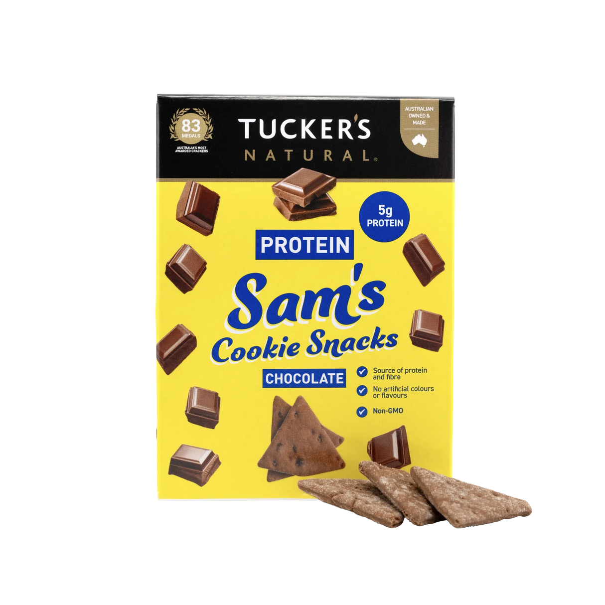 A 60g box of Tucker's Natural Sam's Chocolate Protein Cookie Snacks