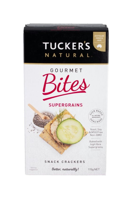 A 115g box of Tucker's Natural Supergrain Gourmet Bites