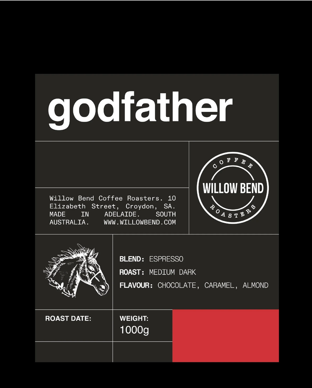 A 1kg pack of Willow Bend Coffee's The Godfather Whole Bean Coffee 1kg