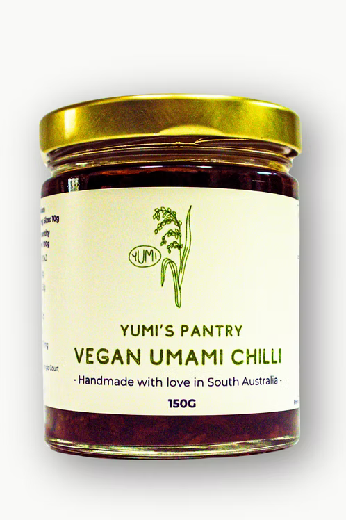 A 150g glass jar of Yumi's Pantry Vegan Umami Chilli