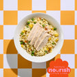 Bowl of food on a checkered orange and white background with 'Nourish Little Lives' branding.