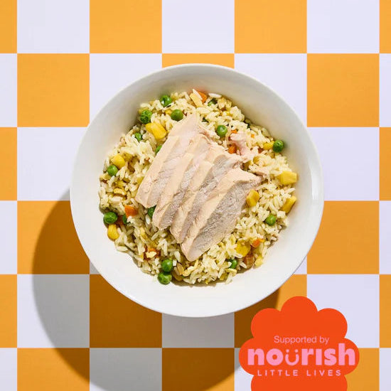 Bowl of food on a checkered orange and white background with 'Nourish Little Lives' branding.