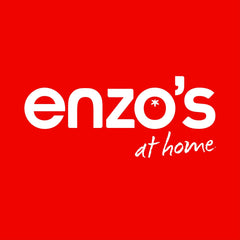 White 'enzo's at home' logo on a red background
